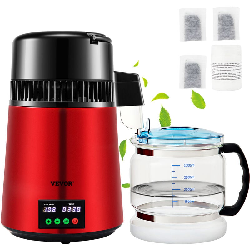 VEVOR 4L Wasser Destilliergerät Wasser Destillierer 1L / H Haushalt Rotes Wasserdestilliergerät Destilliertes 750 W, Doppelter Bildschirm Edelstahl