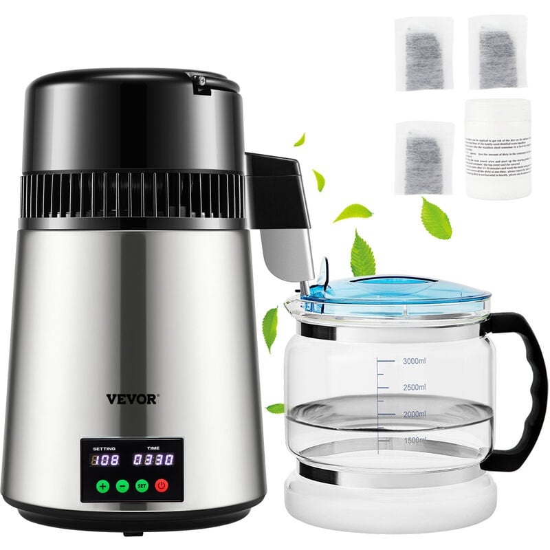 VEVOR 4L Wasser Destilliergerät Wasser Destillierer 1L / H Haushalt Silber Wasserdestilliergerät Destilliertes 750 W, Doppelter Bildschirm Edelstahl
