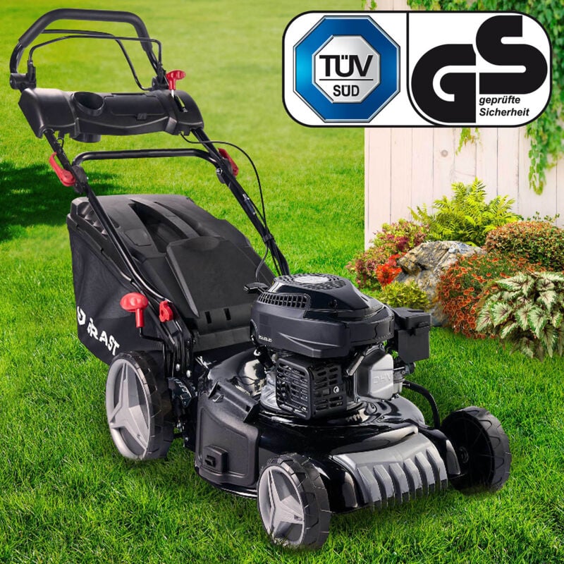Brast - Benzin Rasenmäher mit Antrieb 3,5kW(4,76PS) 46cm Schnittbreite tüv 4 Takt ohv Motor 30-80mm Schnitthöhe 60L Fangkorb Stahlgehäuse 18170 Serie