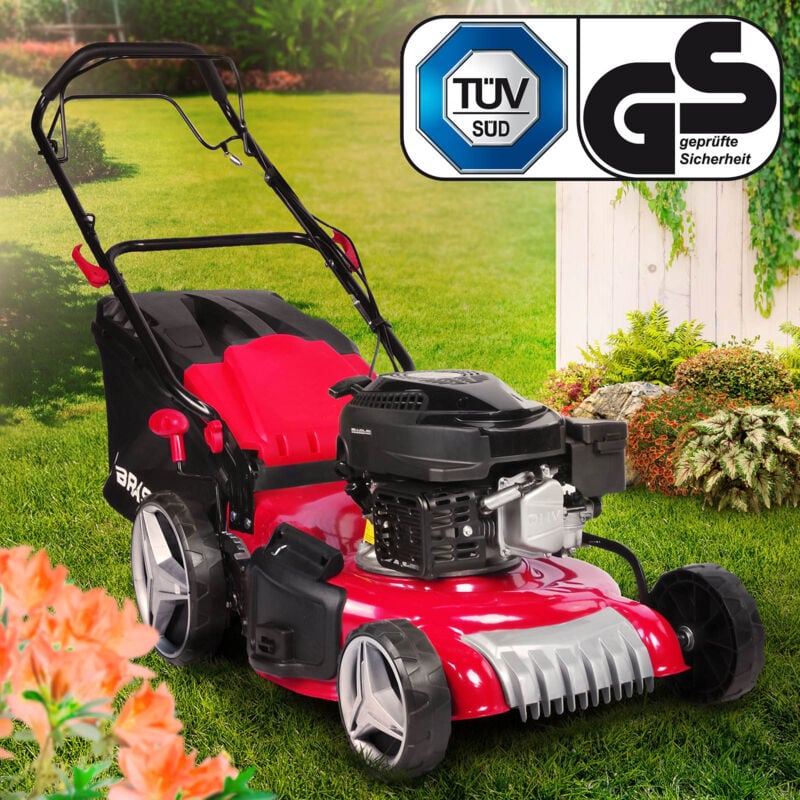 Brast - Benzin Rasenmäher mit Antrieb 3,5kW (4,76PS) 46cm Schnittbreite tüv 4 Takt ohv Motor 30-80mm Schnitthöhe 60L Fangkorb Stahlgehäuse