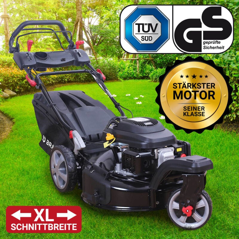 Rasenmäher Benzin Trike 5,2kW(7PS) mit Antrieb 53cm Schnittbreite 224ccm Stahlgehäuse 60L Fangkorb 4-Takt Motor - tüv geprüft - Brast