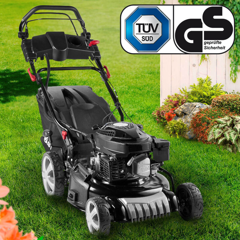 Benzin Rasenmäher mit Antrieb 3,5kW(4,76PS) Elektrostart 46cm Schnittbreite tüv 4 Takt ohv Motor 30-80mm Schnitthöhe 60L Fangkorb Stahlgehäuse 18170