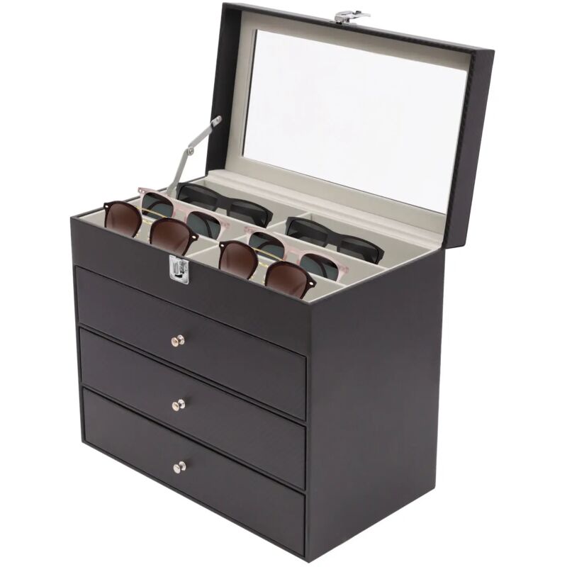 Brillenbox 18 Brillen Sonnenbrillen Aufbewahrungsbox aus Carbon Fiber PU, Brillen Schatulle mit Innen Samtstoff, Brillenkasten Brillenkoffer für