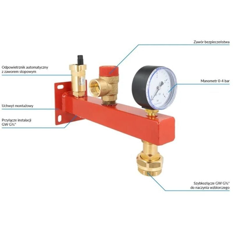BSS-Sicherheitsgruppe für den Einbau eines Zentralheizungs-Ausdehnungsgefäßes mit einem 3-bar-Sicherheitsventil, einem 0-4-bar-Manometer und einem