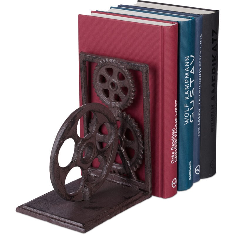 2 x Buchstütze Retro, Zahnräder & Filmrolle, Gusseisen, Bücher, DVDs, Deko Buchwinkel HxBxT: 16 x 13 x 10 cm, braun