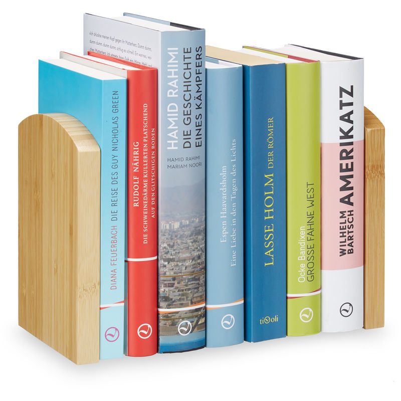 Relaxdays Buchstütze 2teilig, Buchtrenner für CDs, DVDs u. Bücher, Buchwinkel aus Bambus, HBT: 17x11,5x12,5 cm, natur