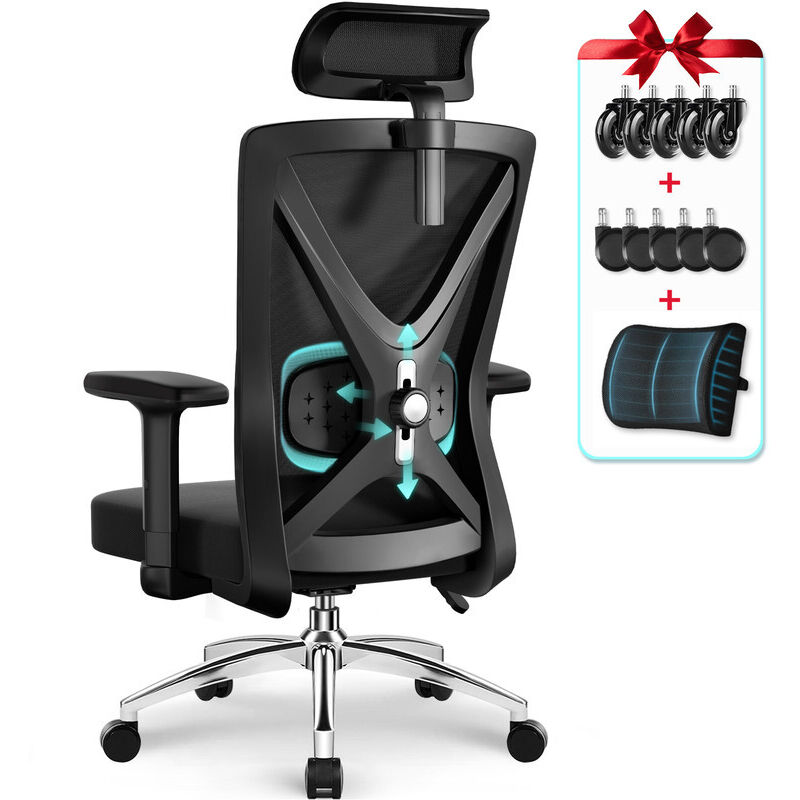 Bürostuhl, Bürostuhl ergonomisch, verstellbare Kopfstütze und Lendenstütze, verstellbare Armlehnen, Metallfuß, mit leisen Gummirädern und