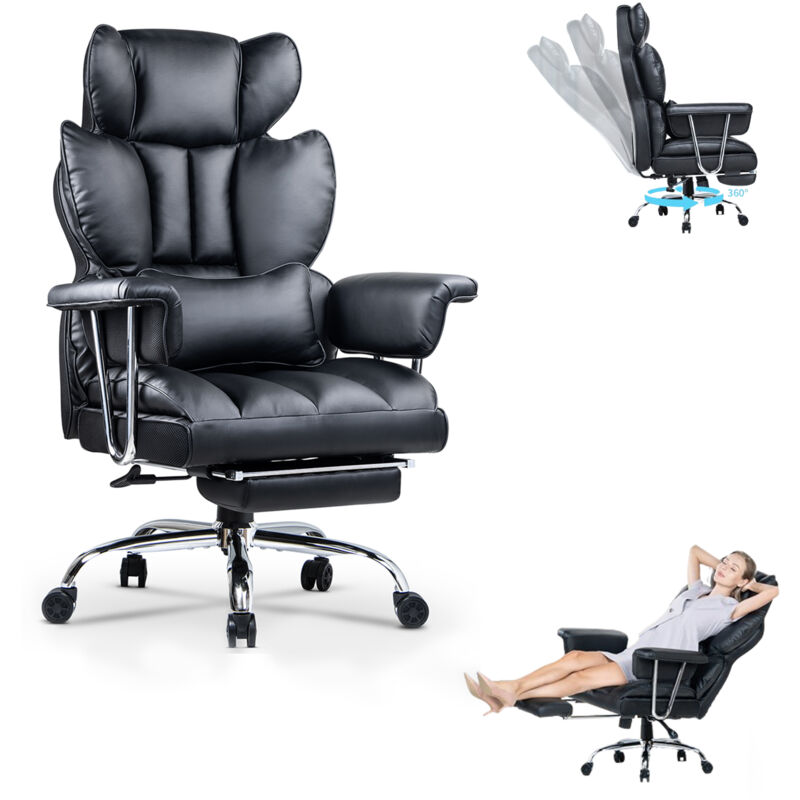 Bürostuhl mit fußstütze, bigzzia Chefsessel mit Lendenwirbelstütze und hoher Rückenlehne, Ergonomischer bürostuhl mit Kippfunktion, Schwarz