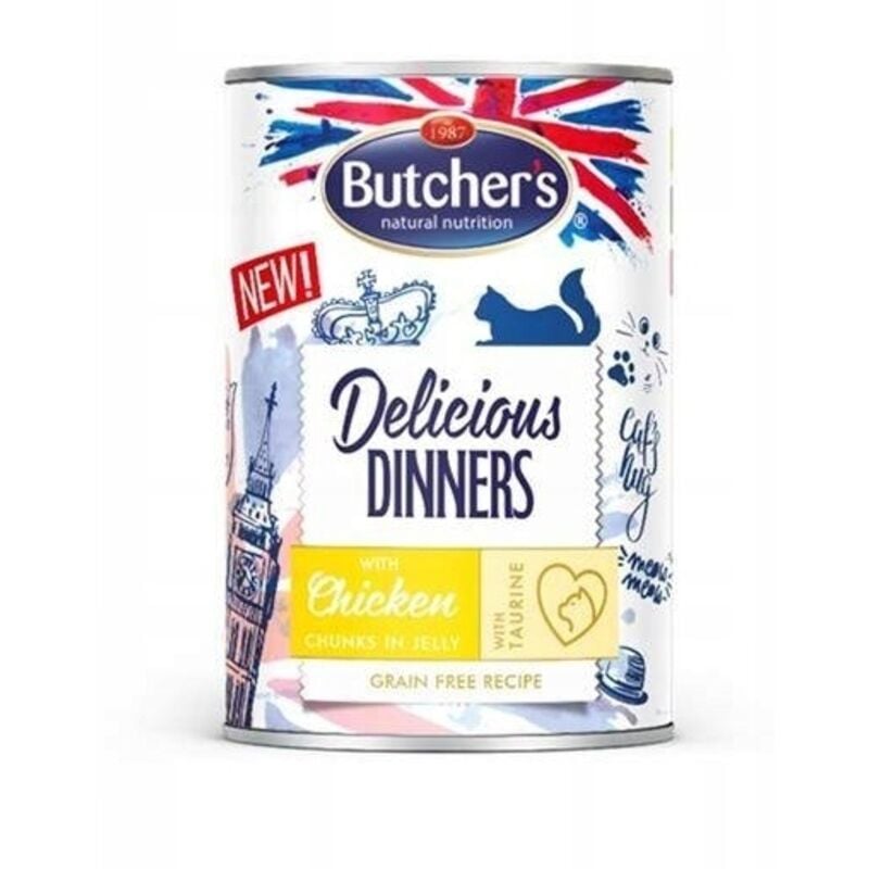 Butcher's Delicious Dinners, Katzenfutter, mit Huhn, Stücke in Gelee, 400g