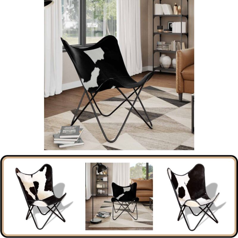 Butterfly-Sessel Schwarz und Weiß Echtes Kuhfell - Butterfly Sessel - Vintage Sessel - Ledersessel - Designerstuhl - Lounge Sessel