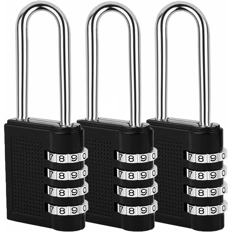 4-stelliges Zahlenschloss, geeignet für Schule, Reisetasche, Schließfach, 3 Stück (schwarz)