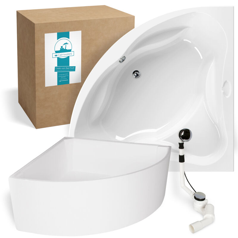 Calmwaters® Eckbadewanne Komplettset 140x140 cm mit Wannenträger & Ablaufgarnitur, Acrylwanne Original, Duowanne für 2, Sitzbadewanne, Set Badewanne