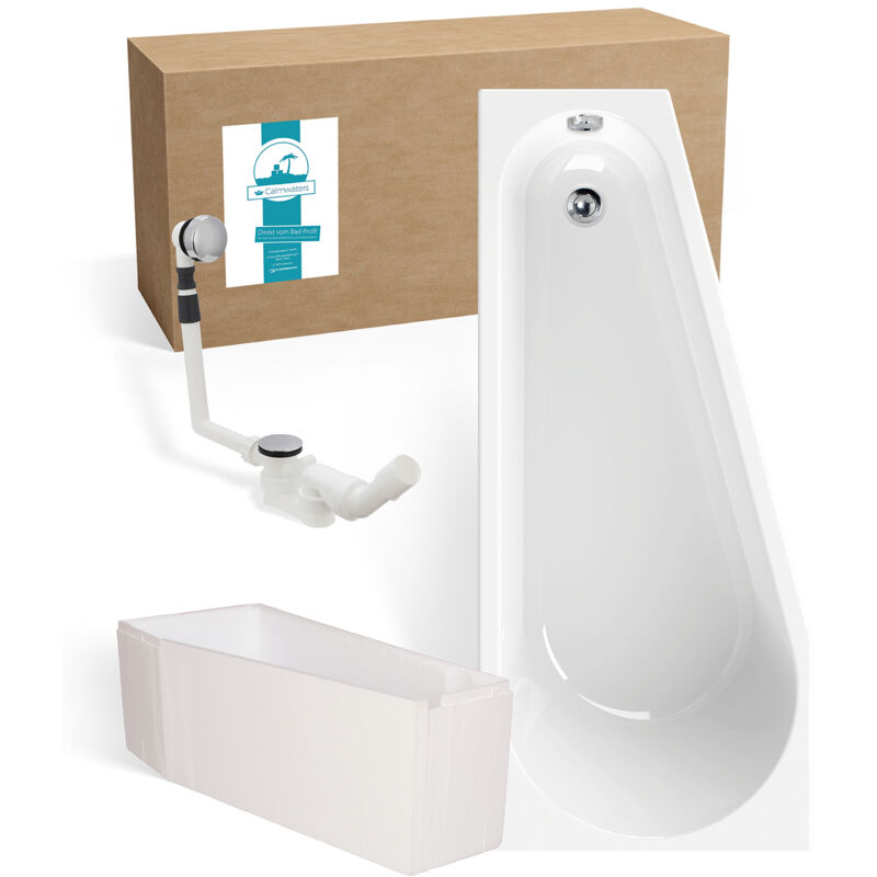 Calmwaters® Raumsparende Eckbadewanne 160x70 cm, Set mit Acrylwanne Essential Small, Wannenträger, Ab- und Überlaufgarnitur, platzsparende Badewanne