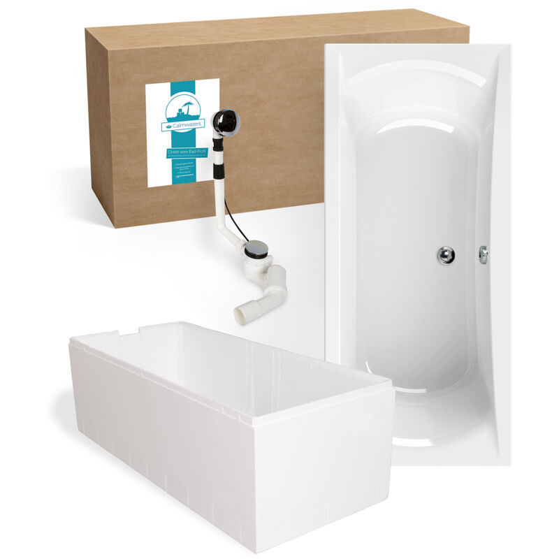 Calmwaters® Rechteck Badewanne Komplettset 180x80 cm mit Wannenträger & Ablaufgarnitur, Acrylwanne Modern Curved, Duowanne für 2, Set Badewanne