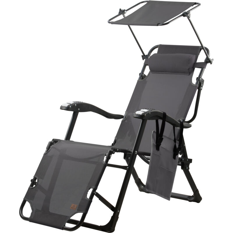 Campfeuer - Sonnenliege mit Dach, Anthrazit, Campingliege mit Arm Massagerollen, Gartenliege