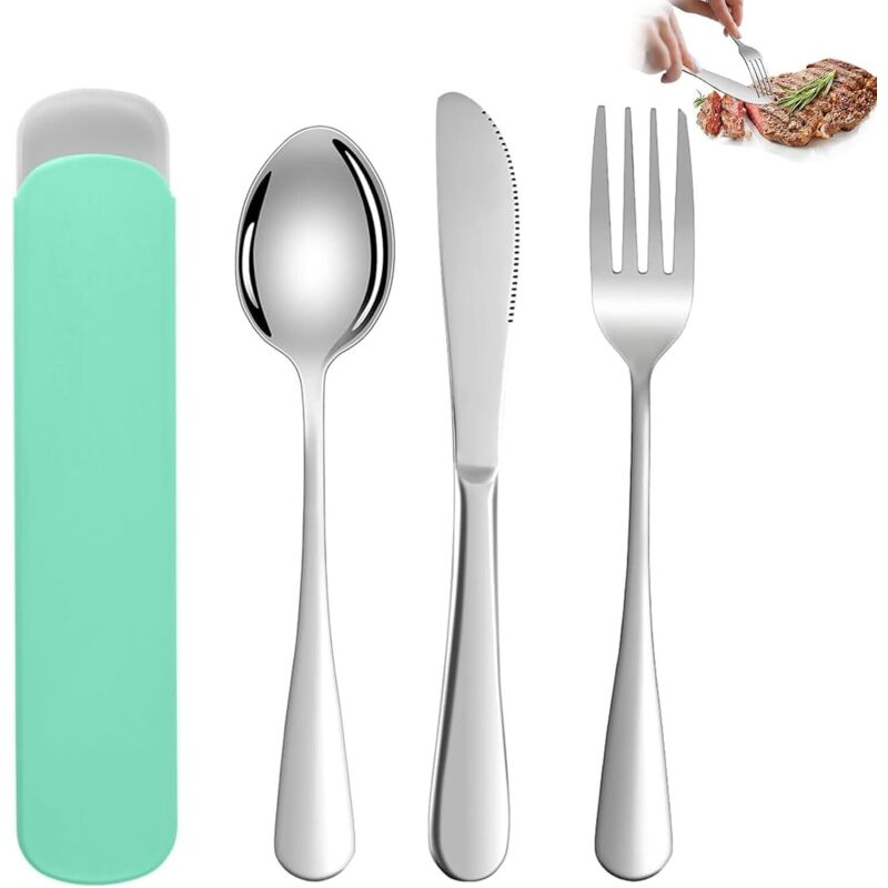 Camping Besteck 3 Stück, Edelstahl Campingbesteck mit etui, Wiederverwendbare, Reisebesteck für Unterwegs Camping Picknick (Grün)