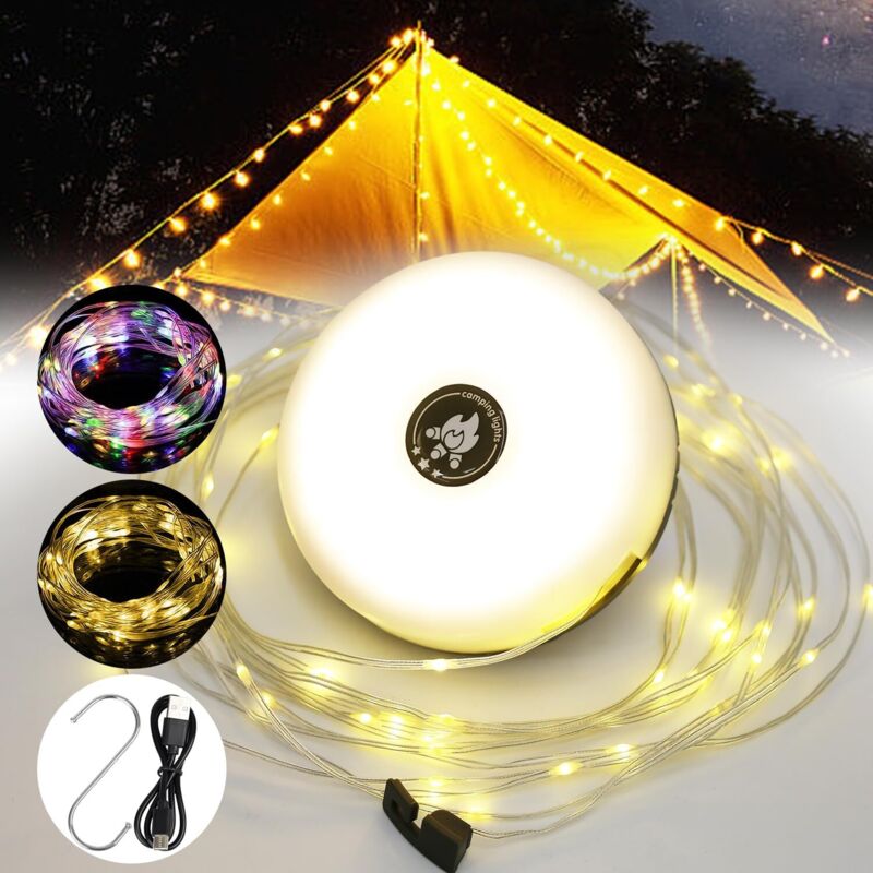 Camping-Lichterkette, 10 Meter, 3-in-1, tragbare LED-Lichterkette für den Außenbereich, per USB wiederaufladbares, ausziehbares Campinglicht, 8