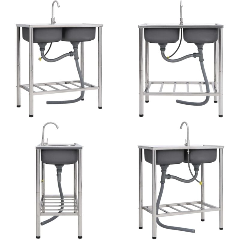 Camping-Spüle mit Doppelbecken und Wasserhahn Edelstahl - Camping Waschbecken - Camping Spülbecken - Home & Living - Silber