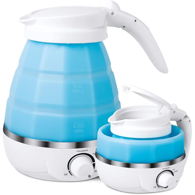 Camping-Wasserkocher, Faltbarer Wasserkessel, Elektrischer Silikon-Wasserkocher mit Doppelspannung und Separatem Stromkabel, Ideal für