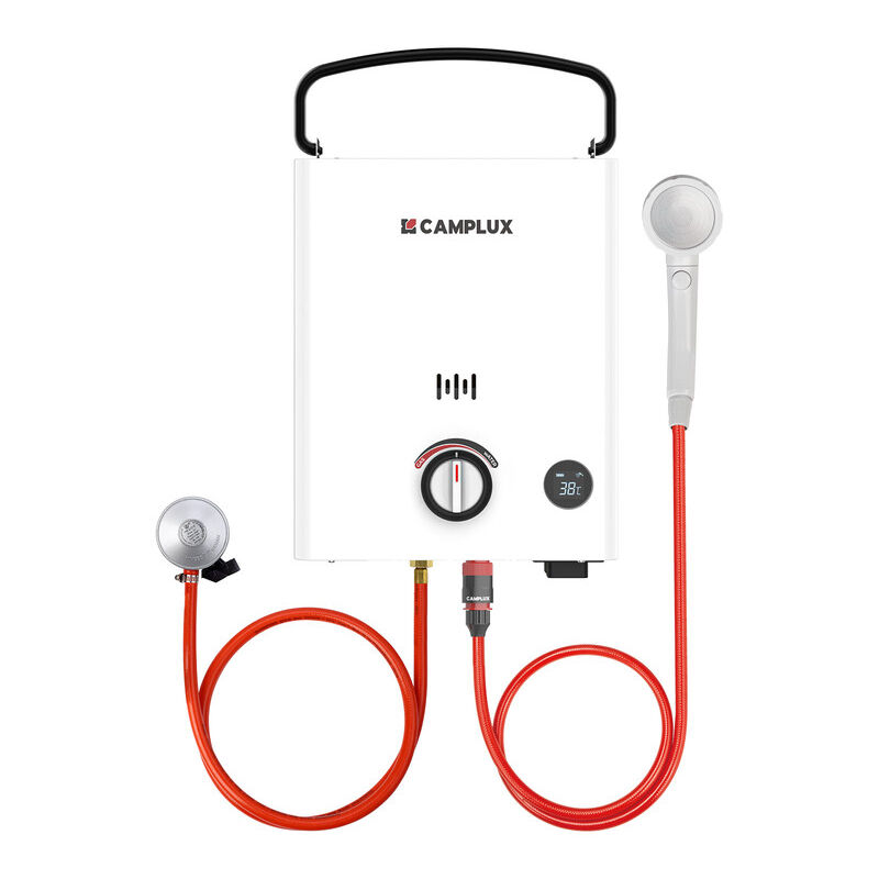 CAMPLUX First Serie Gas-Wassererwärmer 5L/min, Propan-/Butangas-Durchlauferhitzer LED-Display - F5 - Butan (28-30 mbar)/Propan (37 mbar)