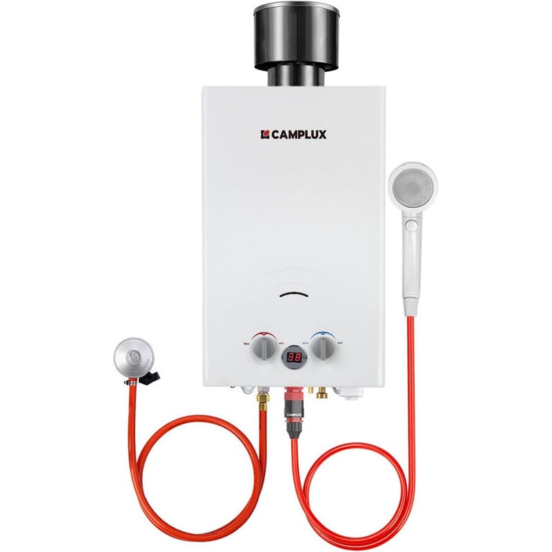 Gas-Wassererwärmer 10L Propan/Butan, Gas-Durchlauferhitzer 20KW mit Regenhülle - BW264C - 30/37 mbar - Weiß - Camplux