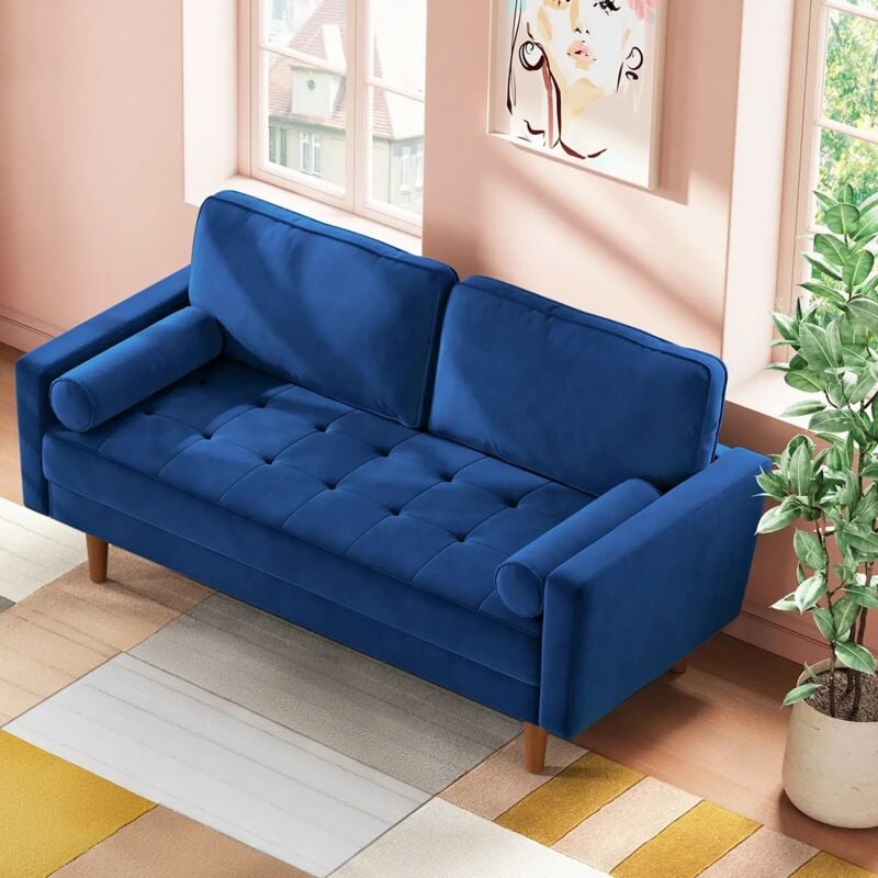 2-Sitzer-Sofa Modernes aus Samt, Sofa mit gerollten Armlehnen, Wohnzimmer-Sofa mit Armlehnen, 148L x 78B x 85H cm, Blau