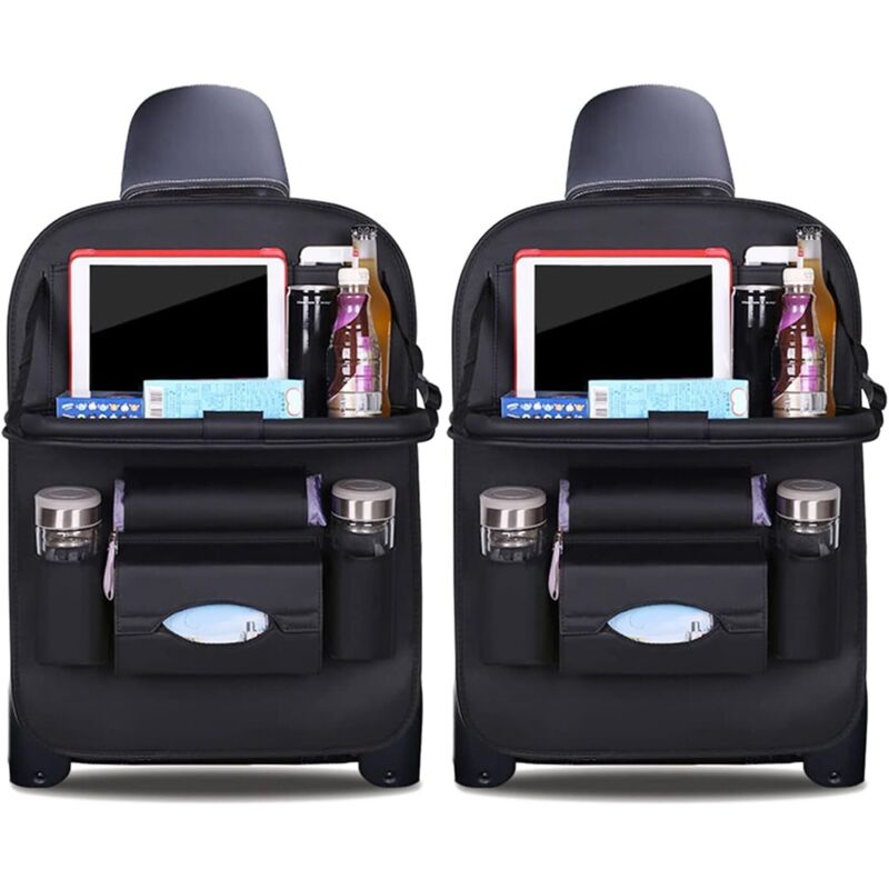 Car Organizers Kick Mats Luxury pu Leather Back Seat Protector with Foldable Tablet Holder Waterproof Car Organizers Storage (Black - 2 Pack)
