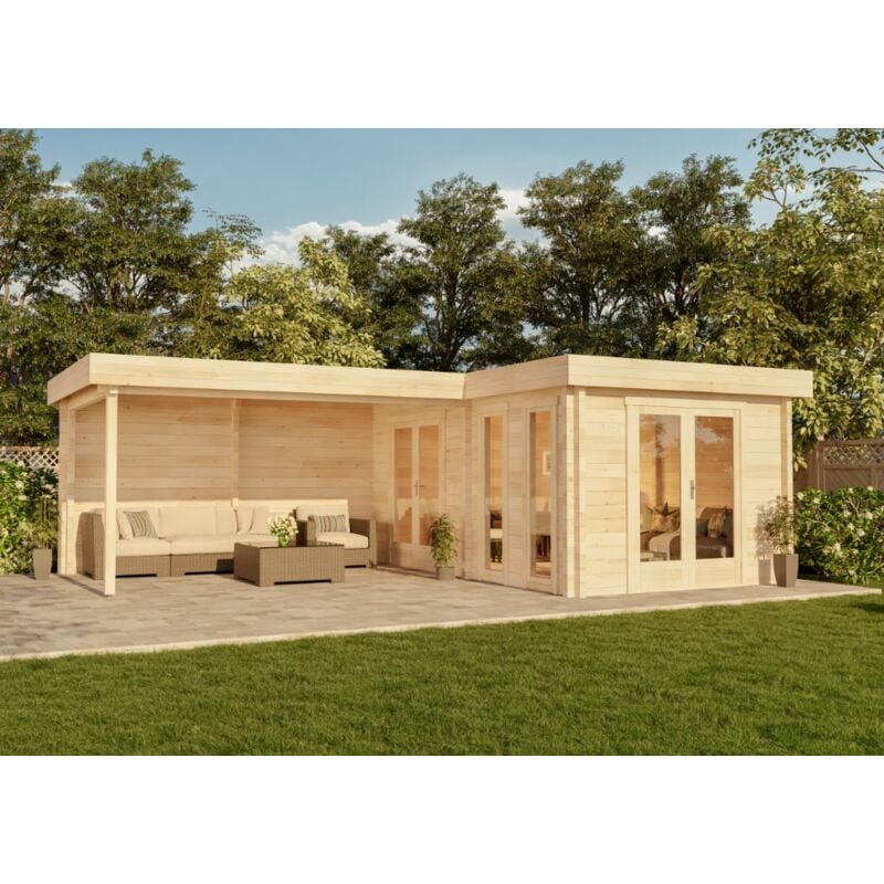 Alpholz Flachdach Gartenhaus Modell Quinta iso Gartenhaus aus Holz, Holzhaus mit 44 mm Wandstärke inklusive Schleppdach, Blockbohlenhaus mit