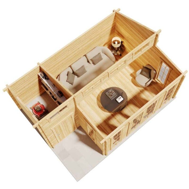 Gartenhaus Lausitz iso mit Anbau Gartenhaus aus Holz, Holzhaus mit 70 mm Wandstärke Blockbohlenhaus - Alpholz