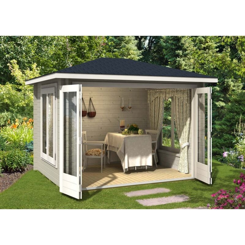 Alpholz Gartenhaus Summertime-40 mit großer Falttür Gartenhaus aus Holz in Pinie, Holzhaus mit 40 mm Wandstärke, Blockbohlenhaus mit Montagematerial