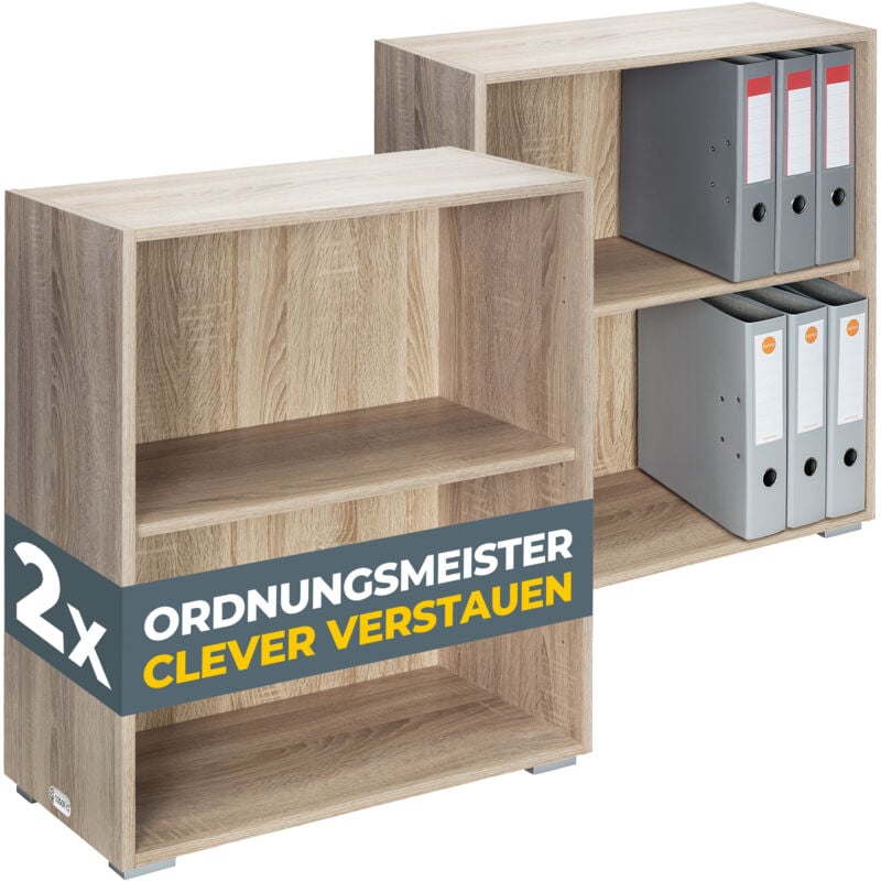 Bücherregal 77x60x28cm 2x Holz 2 Fächer Boden Höhenverstellbar Kippschutz Bücher Büro Wohnzimmer Standregal Regal Eiche - Casaria