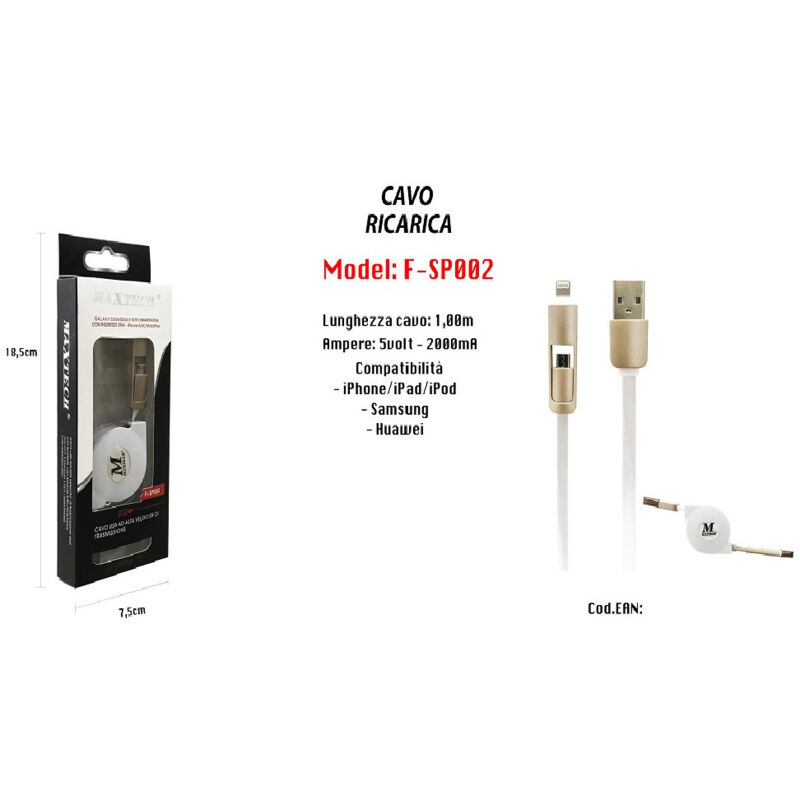 Maxtech - Trade Shop - USB-Ladekabel für iPhone, Samsung, Huawei, 5 Volt, 2000 mA, 1 m F-SP002 -