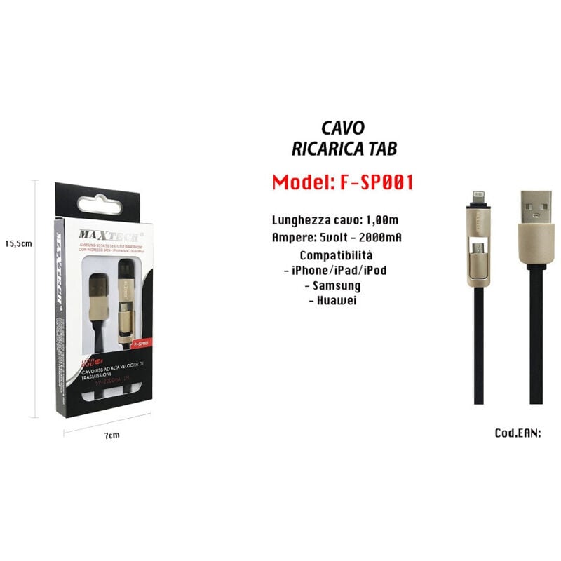 Maxtech - Trade Shop - USB-Ladekabel für iPhone, Samsung, Huawei, 5 Volt, 2000 mA, 1 m F-SP001 -