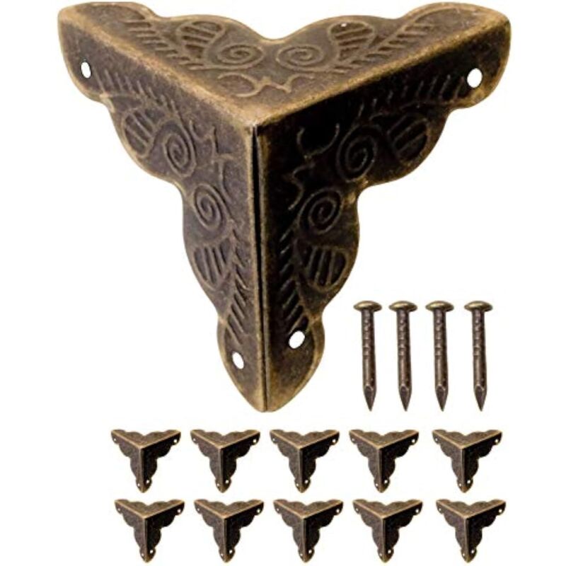 Ccykxa - 10 Ecken für Möbel, Antik-Design, Metall, Kantenschutzecken für Kisten und Möbel im Vintage-Stil, Altmessing-Design, Nägel inklusive