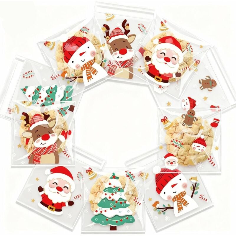 CCYKXA 100 transparente, selbstklebende Zellophantüten (10 x 10 cm) – für Süßigkeiten, Kekse, Weihnachtsgeschenke – 5 festliche Designs – Partytüten