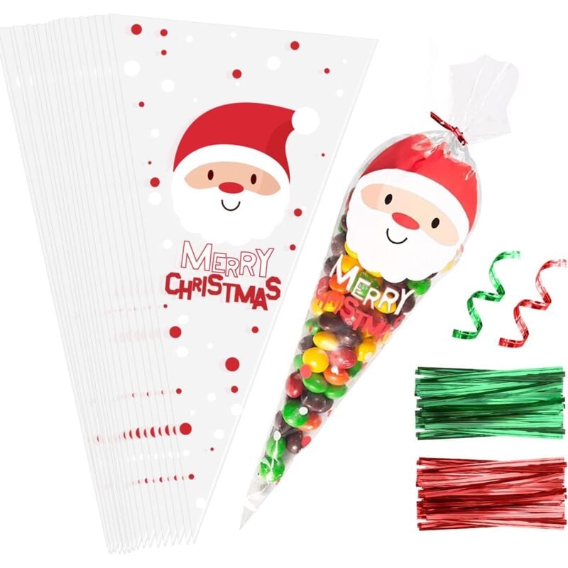 CCYKXA 100 Weihnachtstüten für Süßigkeiten und Kekse, inklusive 50 roten und 50 grünen Verschlussverschlüssen, transparente Zellophantüten für