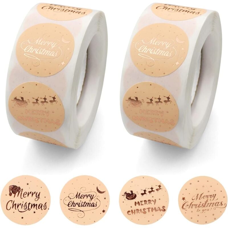 CCYKXA 1000 Stück „Frohe Weihnachten“-Aufkleber, runde „Frohe Weihnachten“-Geschenkanhänger, Weihnachtsaufkleber aus Kraftpapier für Geschenke und