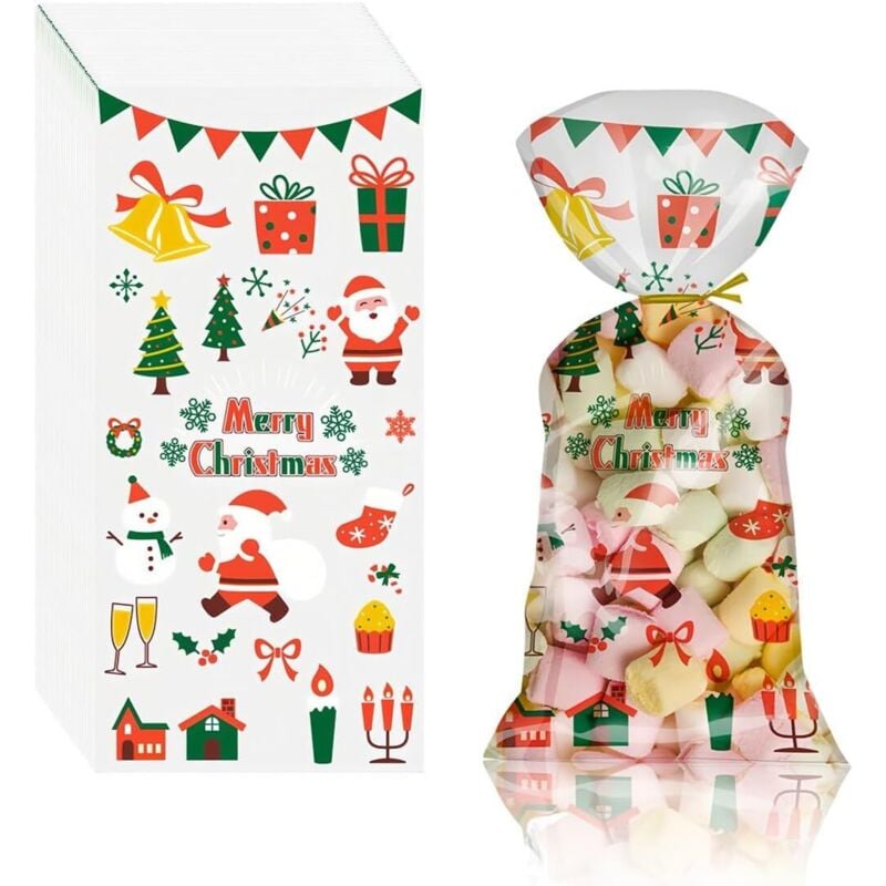 CCYKXA 50 Stück Weihnachts-/Geburtstags-Süßigkeitentüten, Plastiktüten für Süßigkeiten, Weihnachtsgeschenkboxen, durchsichtige Kekstüten,
