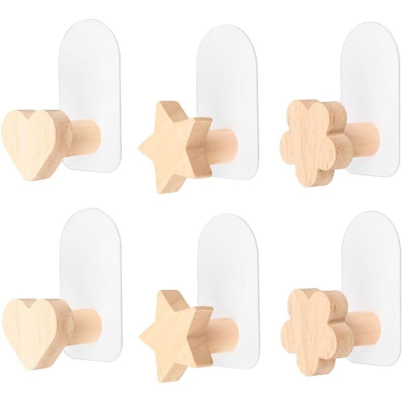 CCYKXA 6er-Set selbstklebende Wandhaken aus Holz für Kinder – kein Bohren erforderlich – für Jacken, Hüte, Schals, Taschen