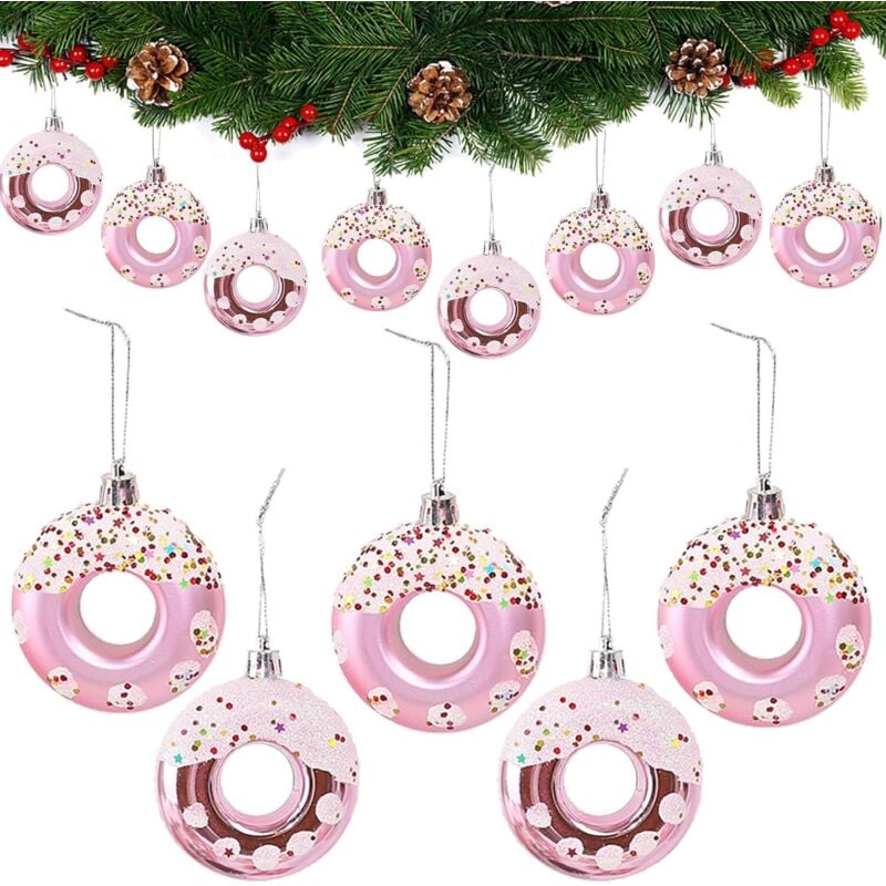 CCYKXA 8-teiliges rosa Weihnachtsbaumschmuck-Set - Süßigkeiten-Weihnachtskugeln - Glitzernde Donut-Anhänger - Weihnachtsdekoration (Rosa)