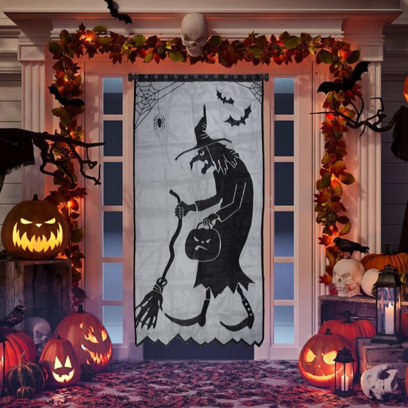 CCYKXA Halloween Türdekoration, Halloween Vorhänge, Schwarzer Spitzen-Hexenvorhang für Gruselige Halloween-Dekoration, Horror-Dekoration, Fenster,