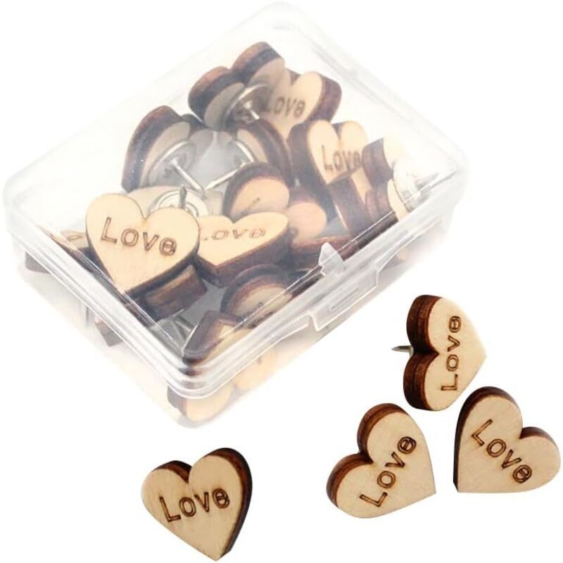 CCYKXA Set mit 20 herzförmigen dekorativen Reißzwecken aus Holz für Pinnwände, Fotos, Poster und Karten mit Aufbewahrungsbox