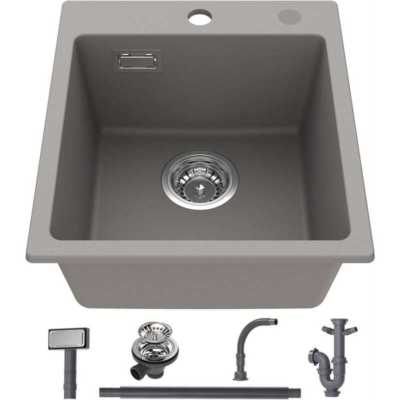 Granitspüle Grau, Küchenspüle 40x45cm, Einbauspüle Grau, Spülbecken Eckig, Moderne Spüle Küche aus Granit, Waschbecken Küche Klein mit 2 HahnLöcher