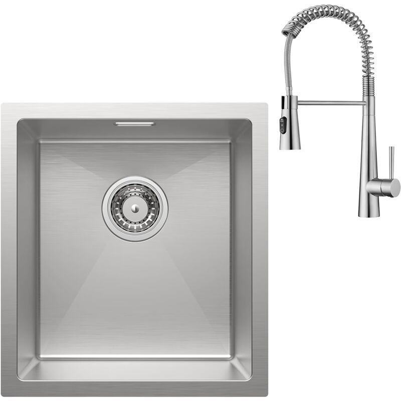 Spülbecken 40 x 44 cm + Hochdruck Wasserhahn Küche, Einbauspüle Edelstahl sus 304, Küchenspüle Spüle Küche Modern, Waschbecken Küche mit Über- und