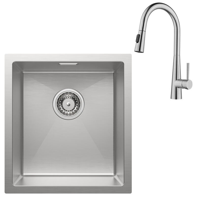 Spülbecken 40 x 44 cm mit Wasserhahn Küche Ausziehbar, Mischbatterie Küche mit 3 Strahlarten, Einbauspüle Edelstahl sus 304, Küchenspüle Spüle Küche