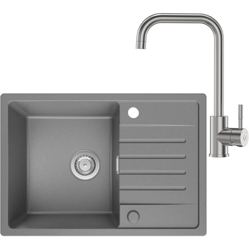 Spülbecken Küche Grau mit Armatur 65 x 45 cm, Küchenspüle aus Granit, Spüle Grau Einbauspüle, Waschbecken Küche mit Reversible Installation,