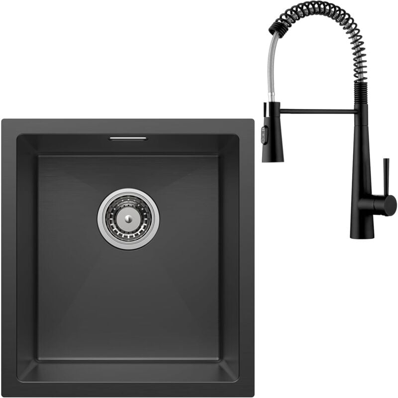 Spülbecken Schwarz 40 x 44 cm mit Wasserhahn Küche Schwarz, Küchenspüle Moderne Edelstahlspüle, Einbauspüle Klein, Waschbecken Küche mit Über- und