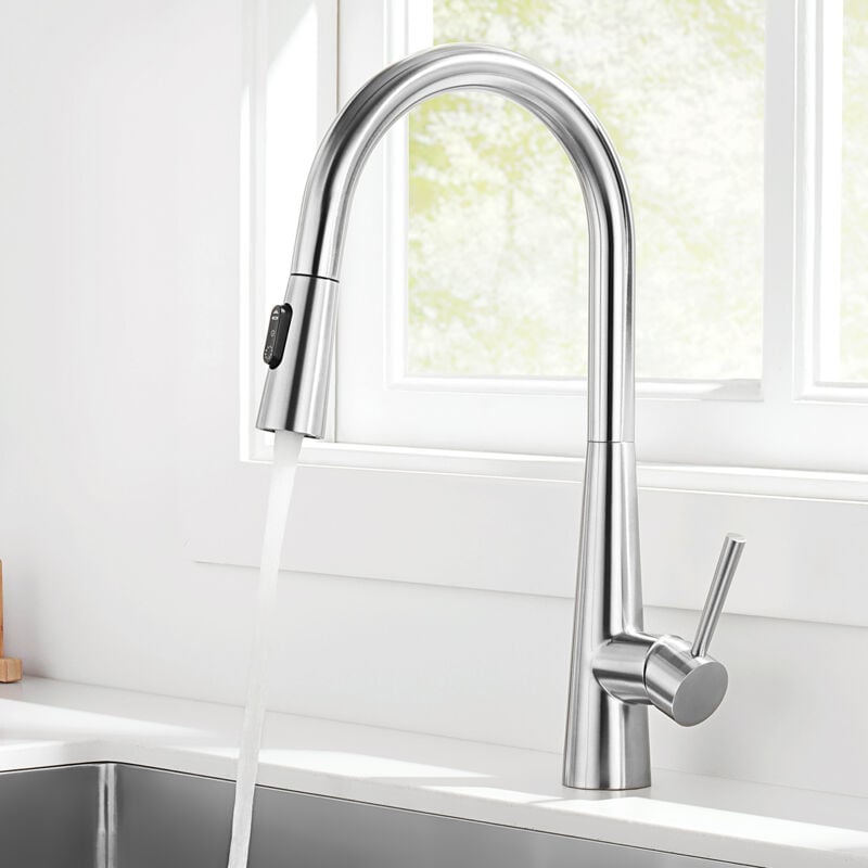 CECIPA Wasserhahn Küche Edelstahl Gebürstet, Küchenarmatur mit Brause Ausziehbar, Mischbatterie Küche mit 3 Strahlarten, Armatur Küche 360°