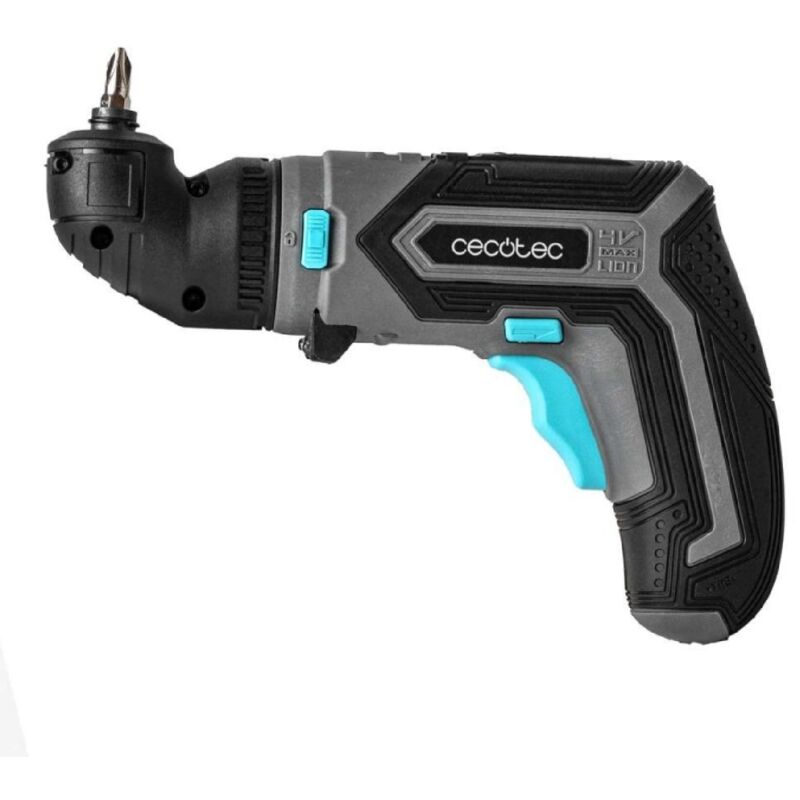 Akkuschrauber mit abgewinkeltem Aufsatz für schwer zugängliche Stellen. Er verfügt über einen 4-V-Akku mit 1.500 mAh, ein Bohrfutter für