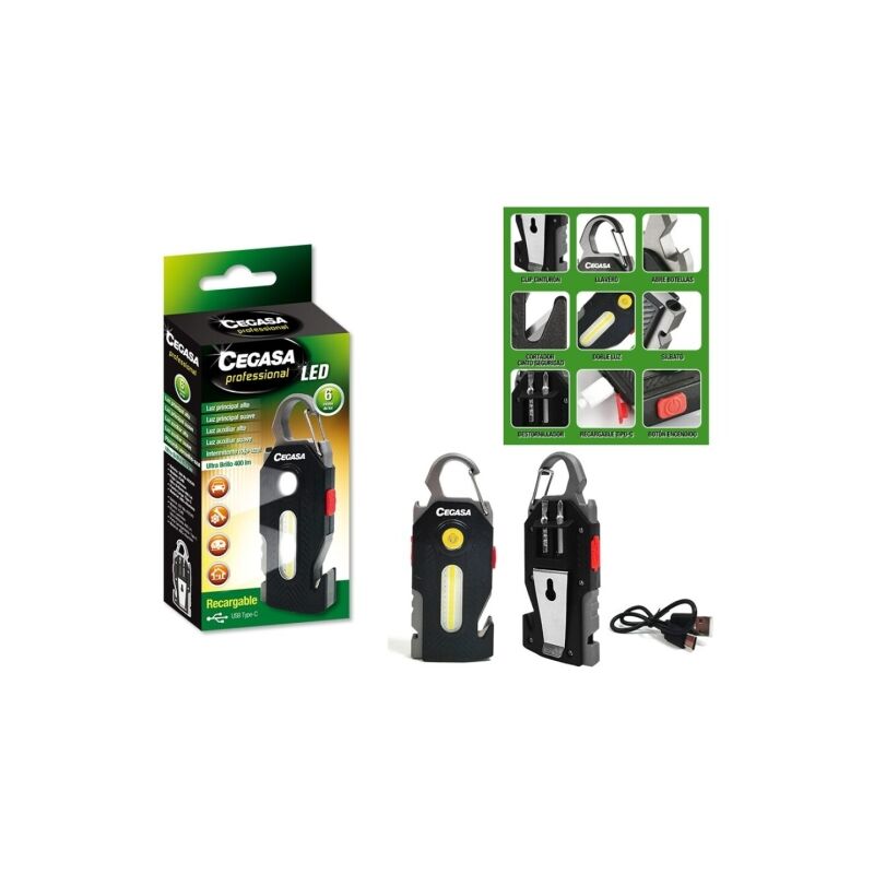 Professionelle Survival-Taschenlampe cob+1 led bis zu 400lm -- bis zu 1,5h - Akku 300mah usb-c -- Farbe schwarz - Cegasa